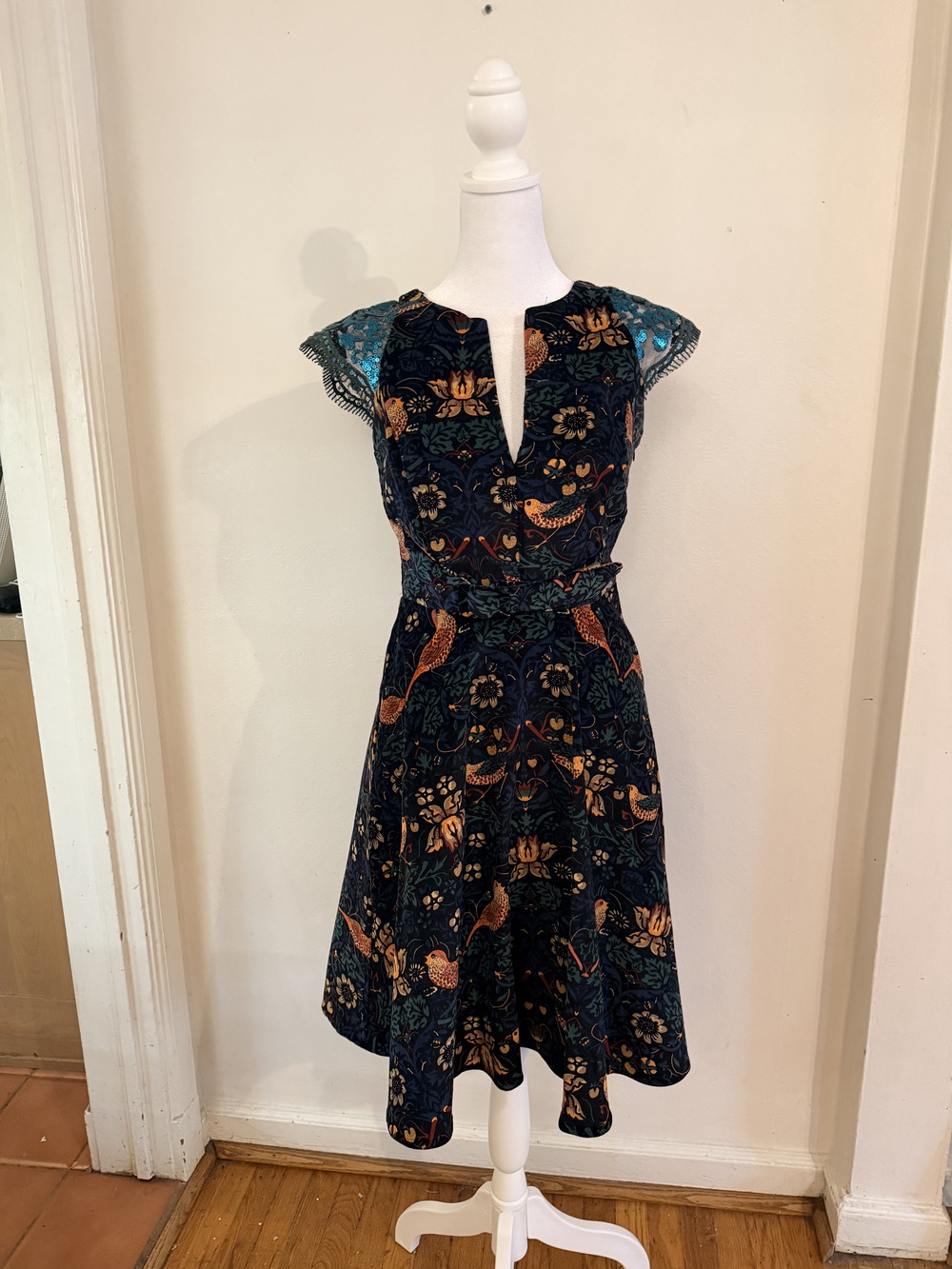 Vintage-Inspired Bird & Floral Print Fit & Flare Dress with Lace Cap Sleeves